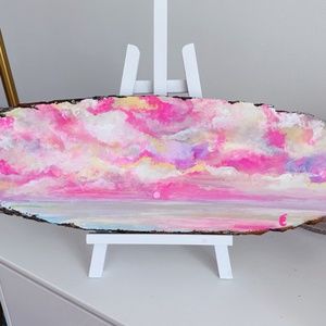 Fuscia Oval Seascape Painting on Natural Wood Panel 25 x 7
